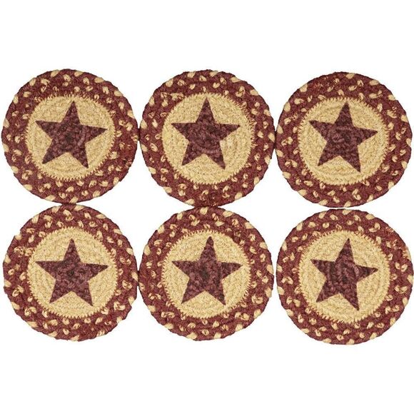 NEW! Primitive Burgundy Star Jute Braided Coaster Set of Six Farmhouse Country - Picture 2 of 3